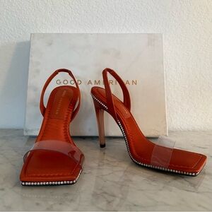 Good American Vibrant Orange Heels with Clear Straps